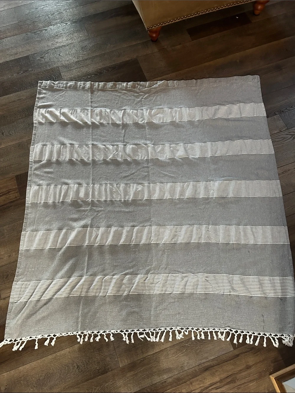 Grayish Blue Striped Fabric Shower Curtin with Fringe